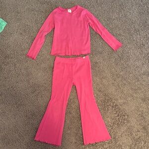 Girls Pink Ribbed Two-Piece Set - Long Sleeve Top & Flared Pants